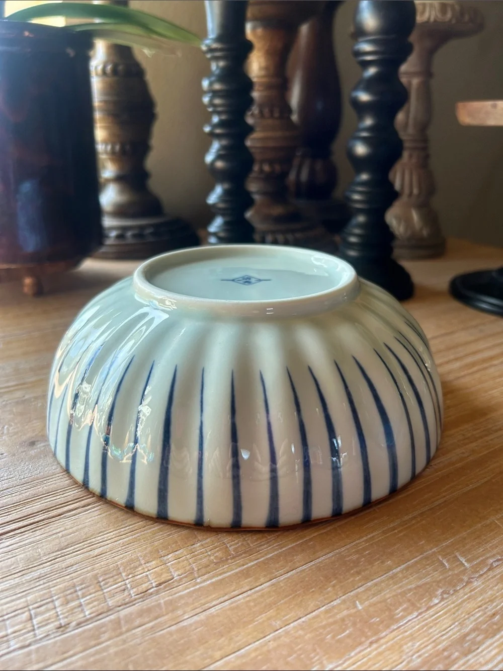Vintage Japanese Tokusa Blue & White Fluted Ceramic Bowl.